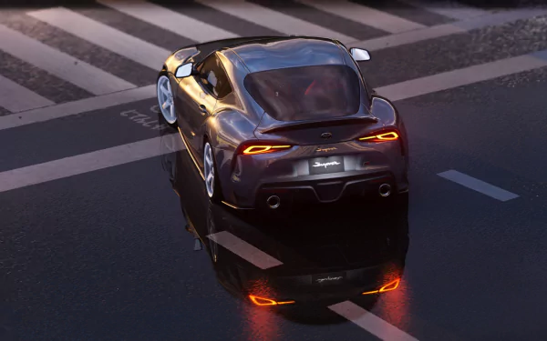 HD PC desktop wallpaper/background: Toyota Supra on a wet Tokyo street at dusk, Assetto Corsa-style render with neon reflections, rear three-quarter view.