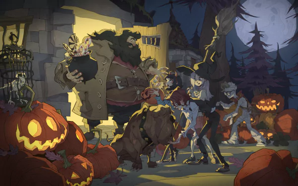 HD PC desktop wallpaper: Halloween gaming scene from Harry Potter: Magic Awakened — wizards and creatures amid glowing jack-o'-lanterns, spooky trees and a full moon.