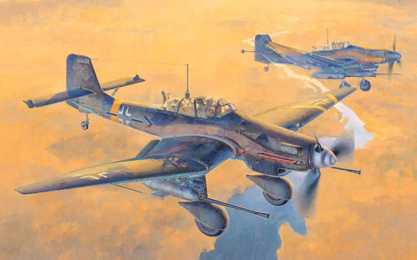 HD PC desktop wallpaper: Luftwaffe military Junkers Ju 87 Stuka dive bombers flying through golden clouds, twin aircraft with fixed landing gear and dive-brake silhouette.