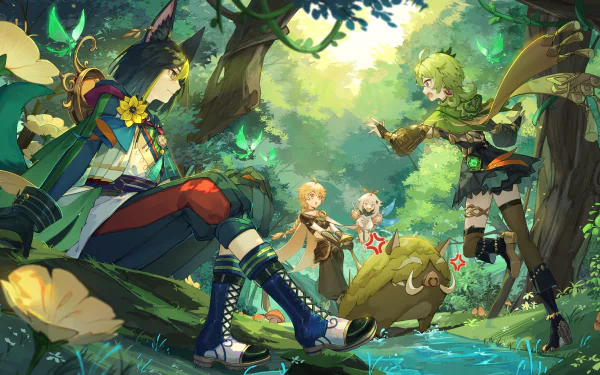 HD desktop wallpaper featuring Collei, Paimon, Aether, and Tighnari from the video game Genshin Impact in a vibrant forest setting.