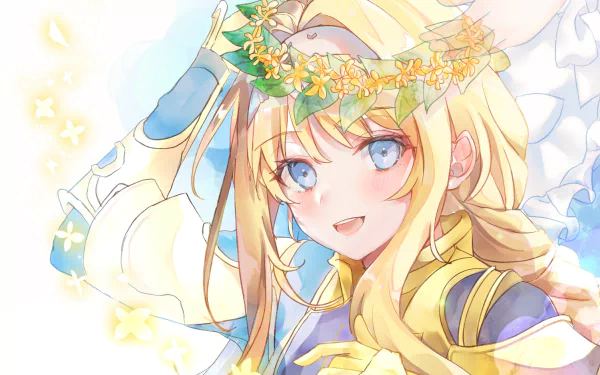HD anime wallpaper featuring Alice Zuberg from Sword Art Online with bright colors, floral crown, and a radiant, cheerful expression.