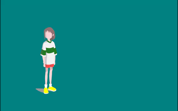 Minimalist Studio Ghibli Spirited Away anime wallpaper: lone girl in green-and-white top and red shorts on teal background — 2K Quad HD PC desktop wallpaper/background.