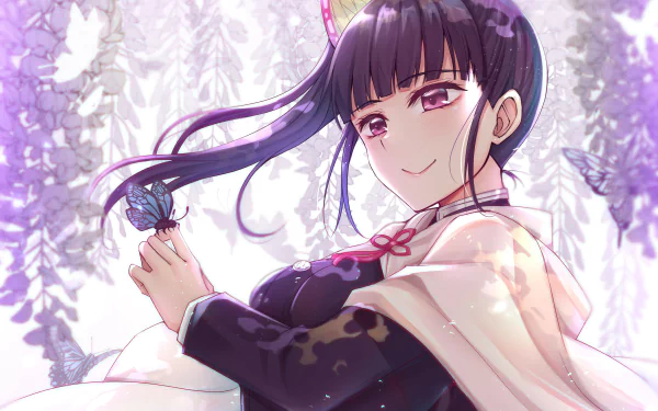 Kanao Tsuyuri from Demon Slayer: Kimetsu no Yaiba gazes softly while holding a butterfly amid cascading wisteria; 2K Quad HD anime PC desktop wallpaper.