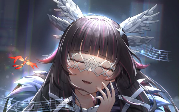 HD PC desktop wallpaper featuring Columbina from the video game Genshin Impact, showcasing her with closed eyes, ornate white headpiece, and a glowing red bird nearby.