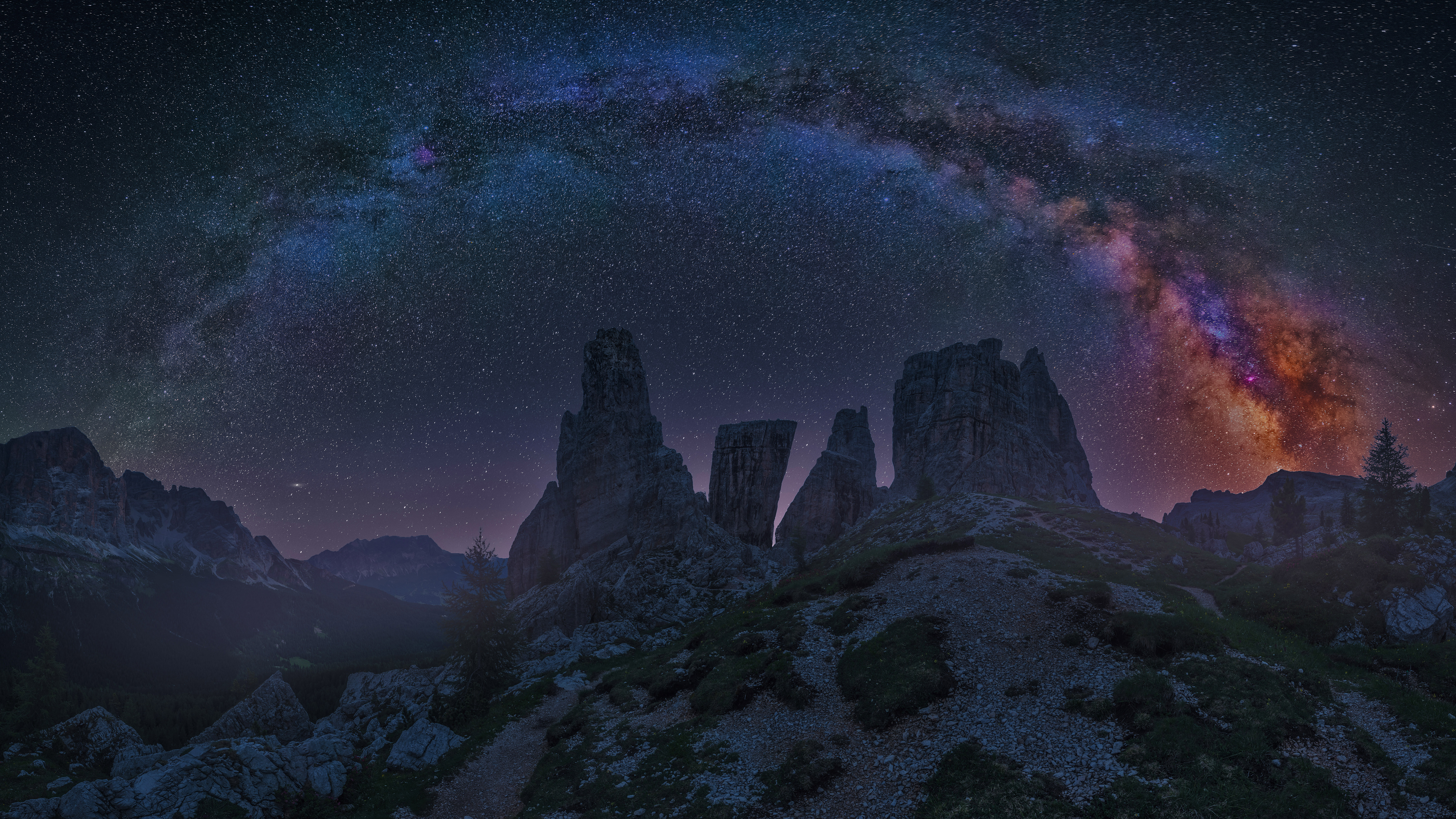 Dolomite Mountains at night with the Milky Way, Italy by Carlos Fernandez