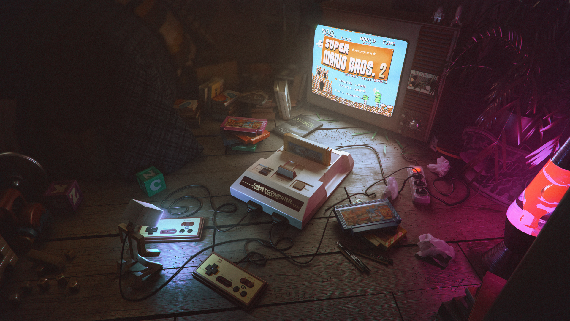 A retro video game console setup featuring Super Mario Bros. 2 displayed on a CRT monitor, captured in a dimly lit room with colorful ambient lighting, 4K Ultra HD PC wallpaper.