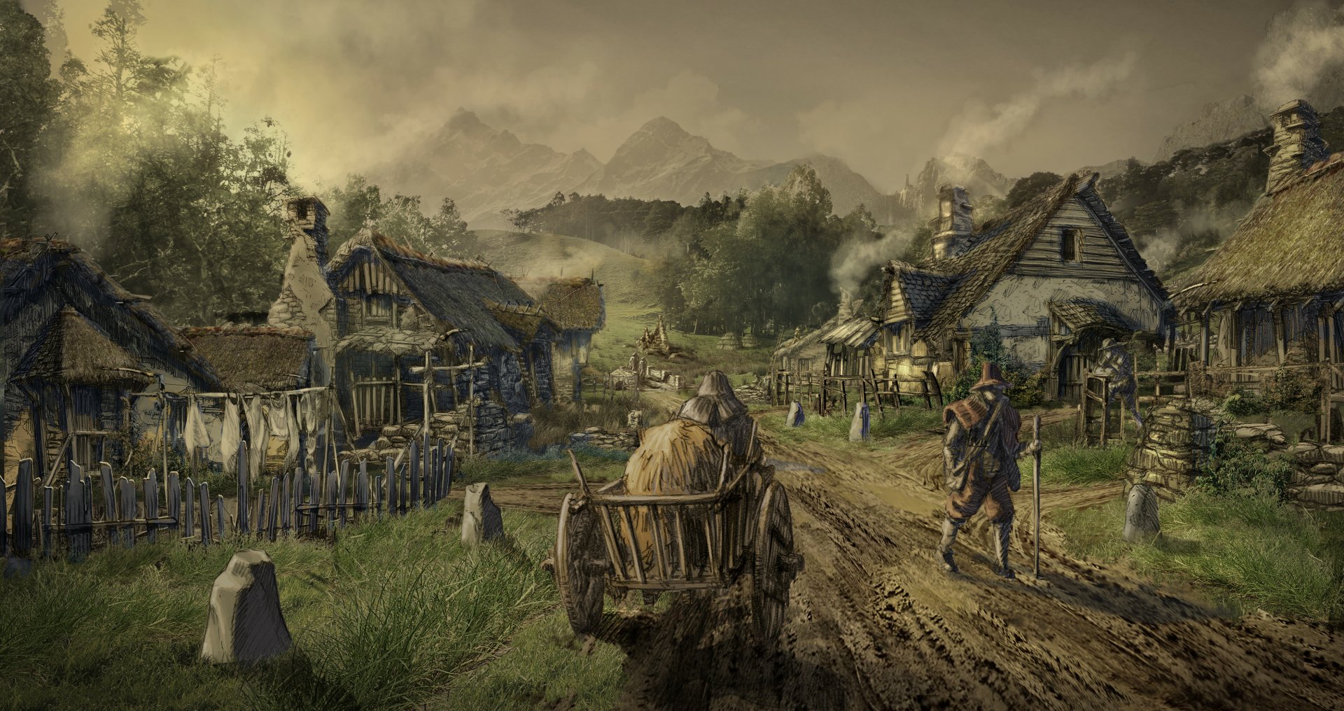 Rural Middle-earth village from TV show The Lord of the Rings: The Rings of Power, 2K Quad HD PC desktop wallpaper depicting a muddy road, cart, villagers and thatched cottages under brooding clouds.