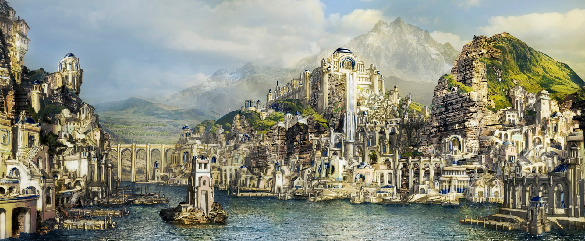 HD PC desktop wallpaper featuring a detailed view of a grand cityscape from the TV show The Lord of the Rings: The Rings of Power.