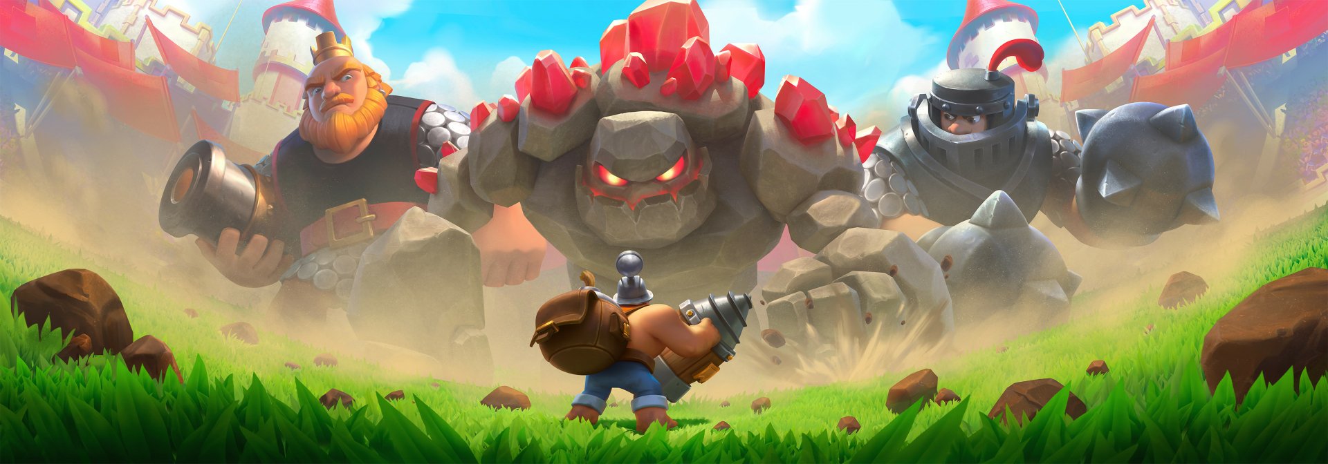 HD PC desktop wallpaper featuring Clash Royale characters, including a giant stone golem and warriors in a vibrant game battle scene.