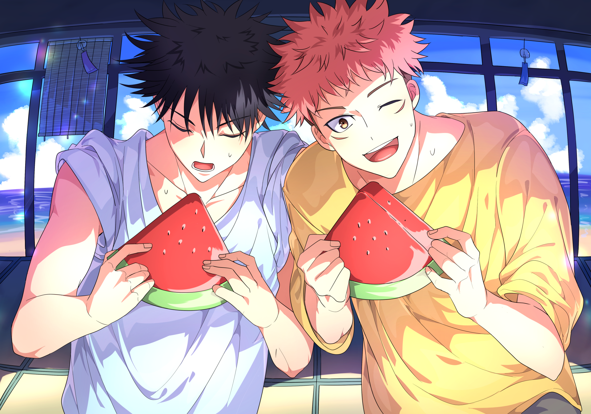 Yuji Itadori and Megumi Fushiguro from Jujutsu Kaisen enjoy watermelon together in this vibrant 4K Ultra HD anime desktop wallpaper.