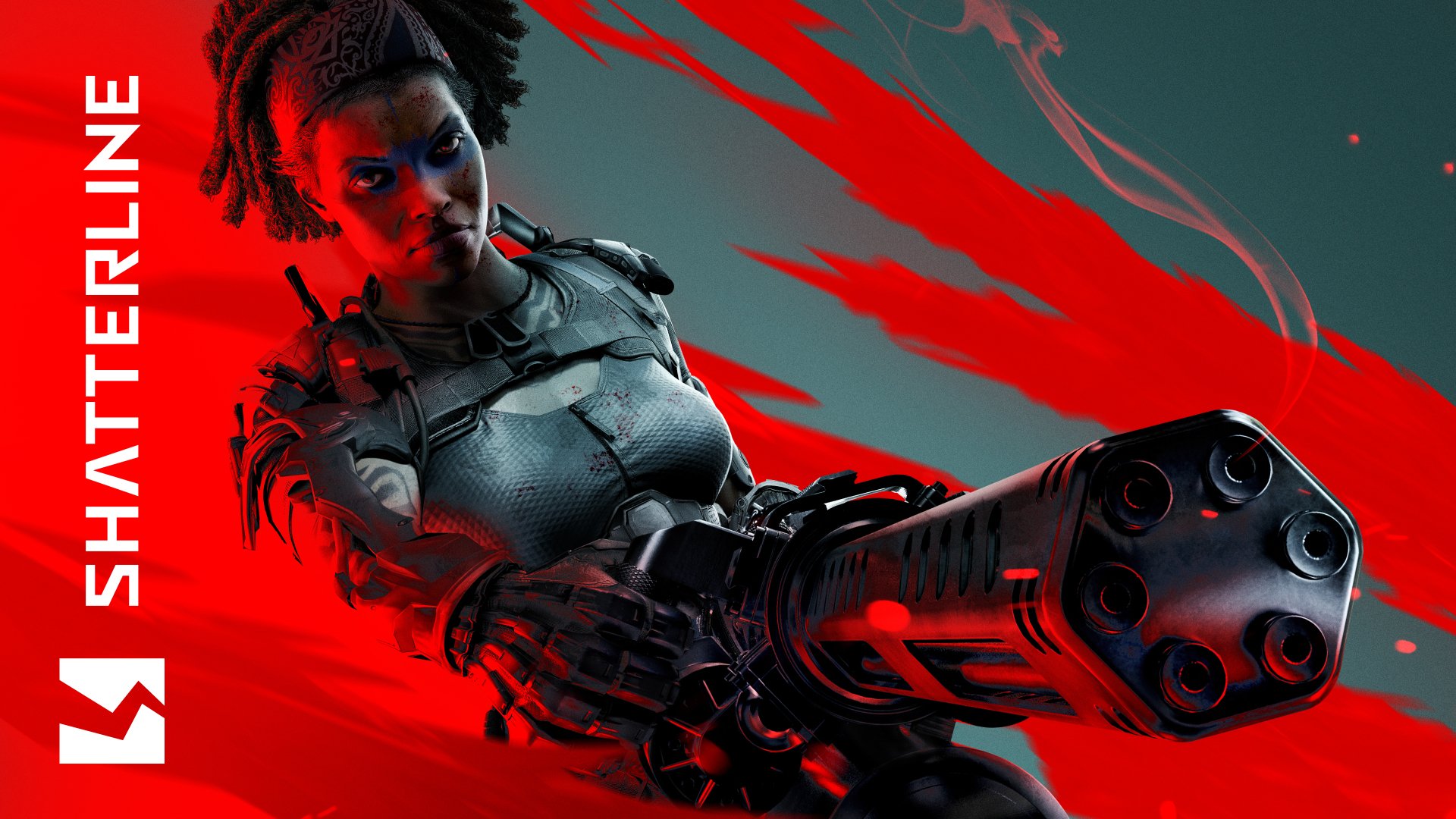 HD desktop wallpaper featuring a dynamic character from Shatterline game with a futuristic weapon, set against a vibrant red backdrop.