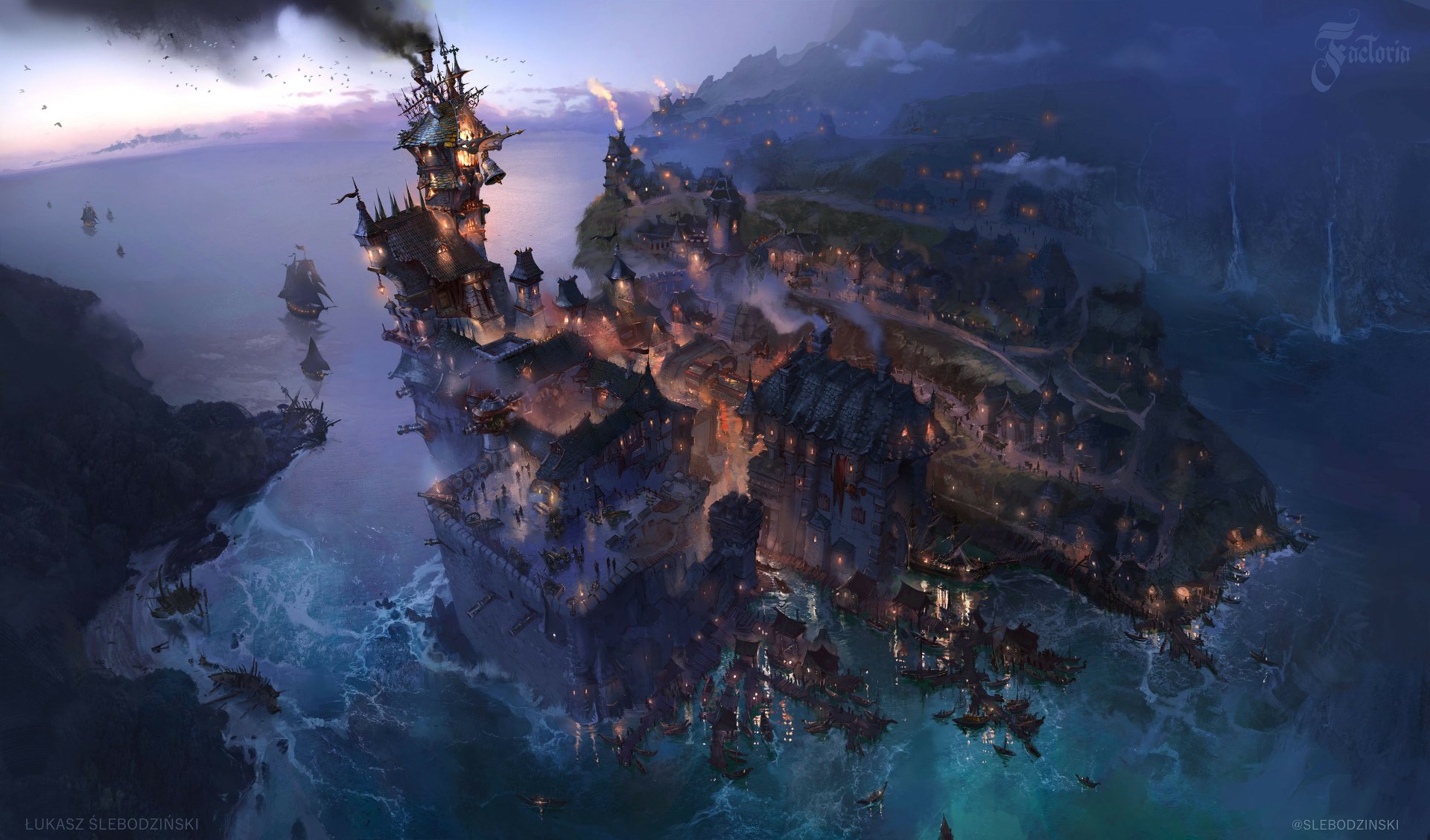 4K Ultra HD fantasy cityscape at night featuring towering spires and glowing lights surrounded by water, creating a mystical and immersive desktop wallpaper background.