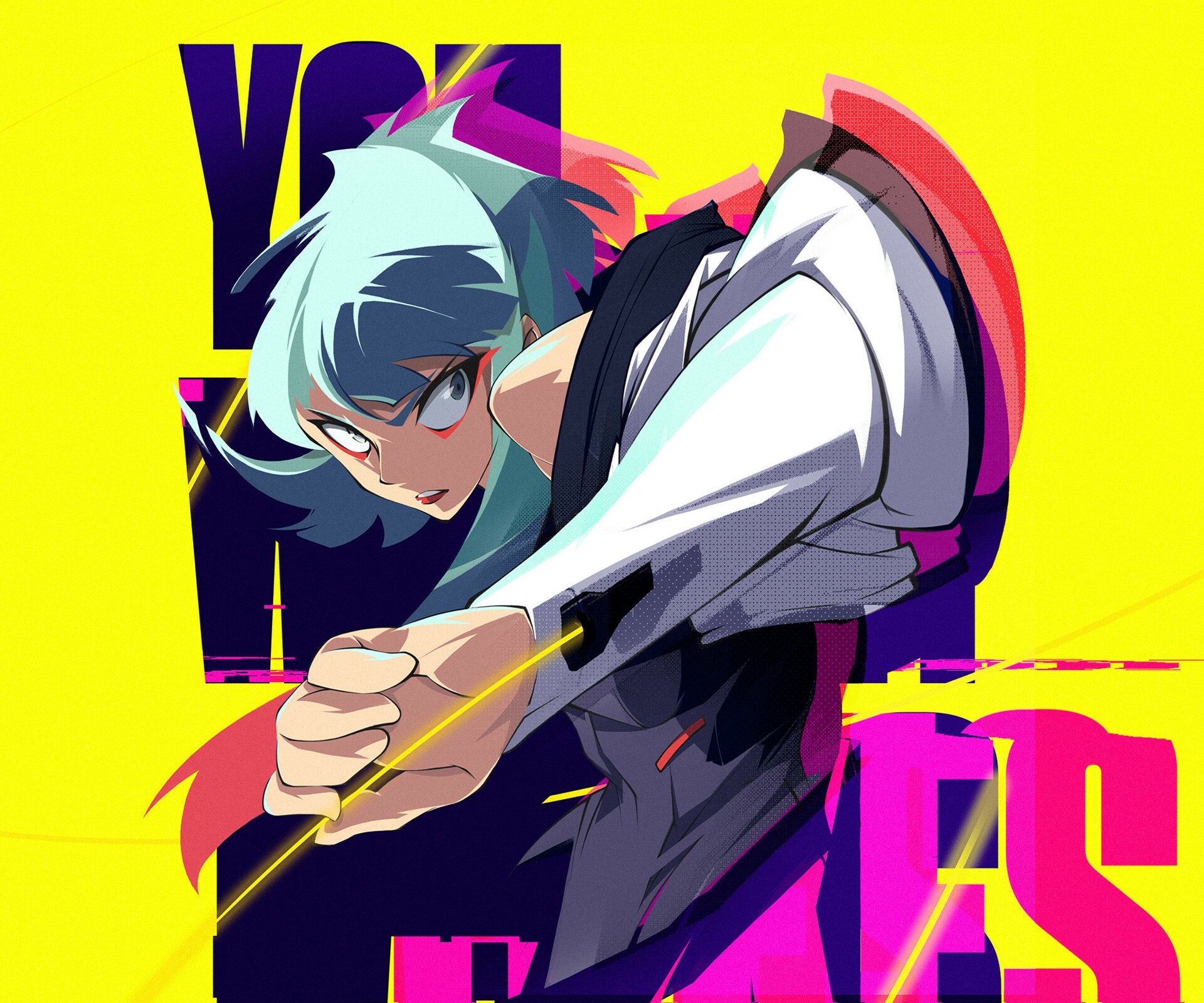 Vibrant HD PC desktop wallpaper featuring an anime character from Cyberpunk: Edgerunners in dynamic action against a bold yellow and purple background.