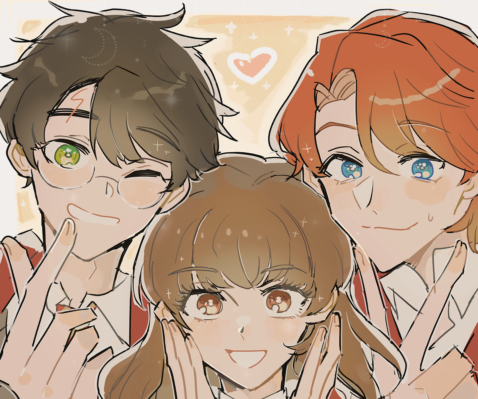 2K Quad HD PC desktop wallpaper: stylized, anime-like close-up of Ron Weasley and Hermione Granger from the Harry Potter movies, smiling together in warm pastel tones.