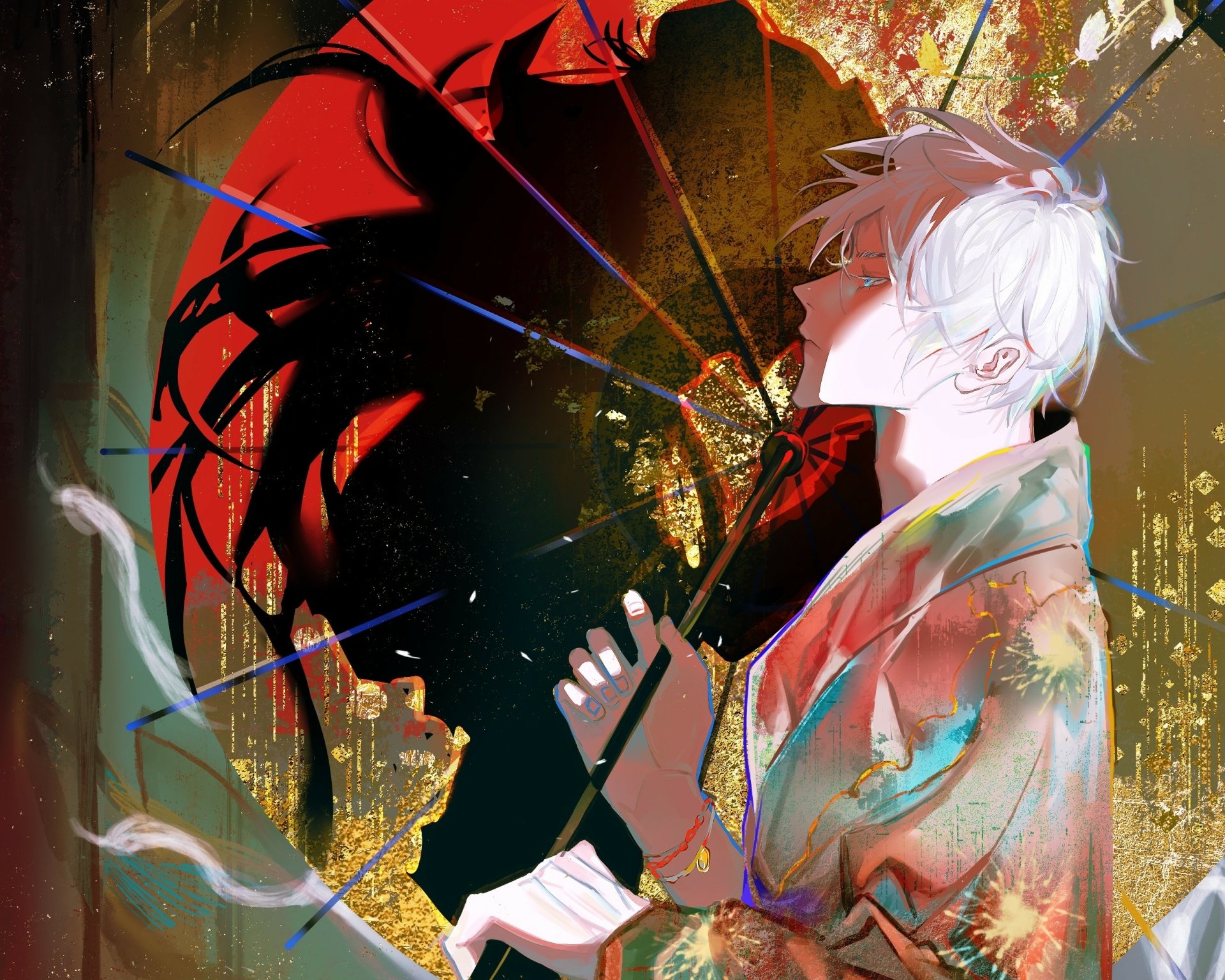 HD PC desktop wallpaper featuring Satoru Gojo from the anime Jujutsu Kaisen, depicted with striking colors and dynamic, abstract background elements.