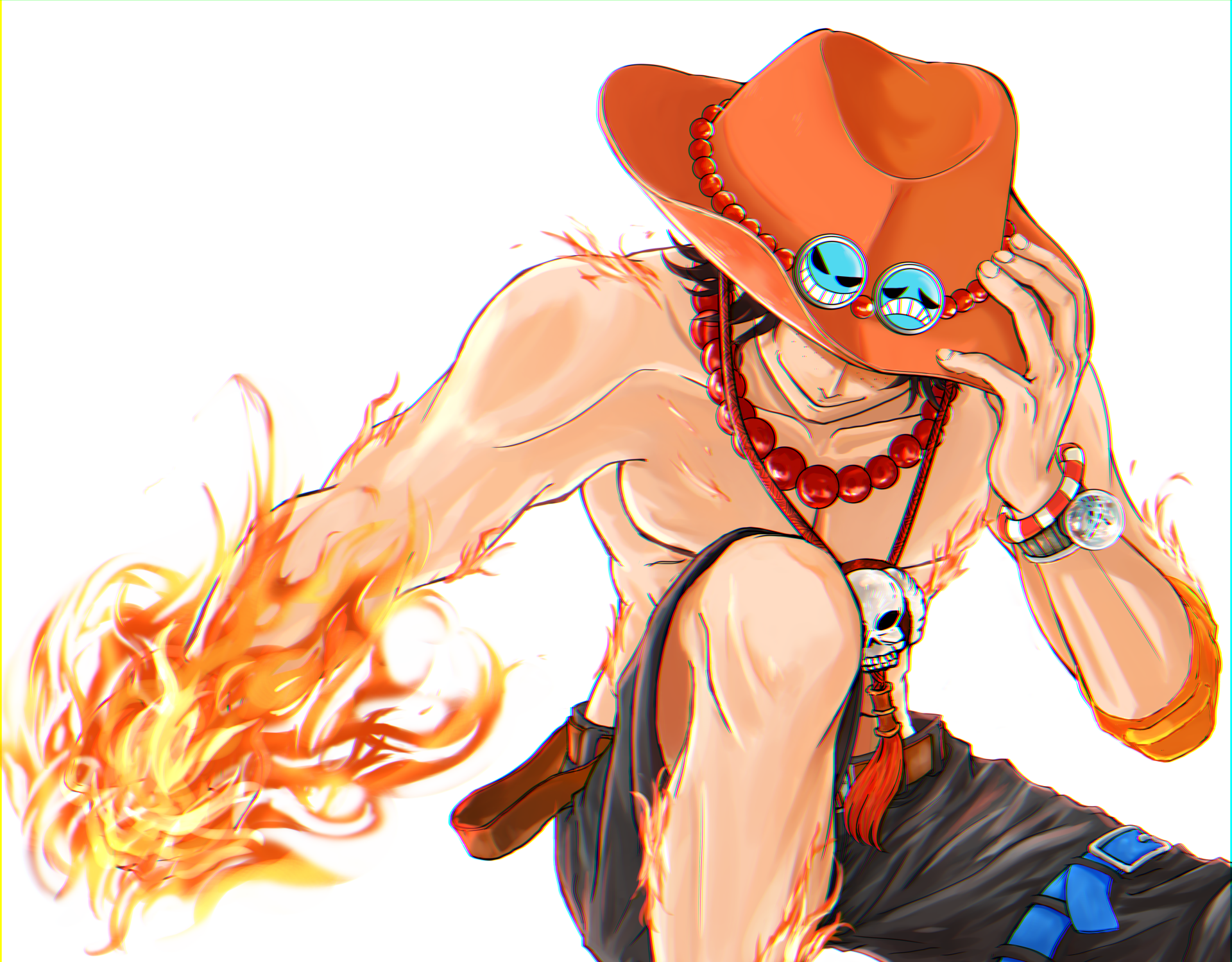 Portgas D. Ace from One Piece — anime 4K Ultra HD PC wallpaper showing him crouched with a flaming fist, signature orange hat, red bead necklace and skull clasp.