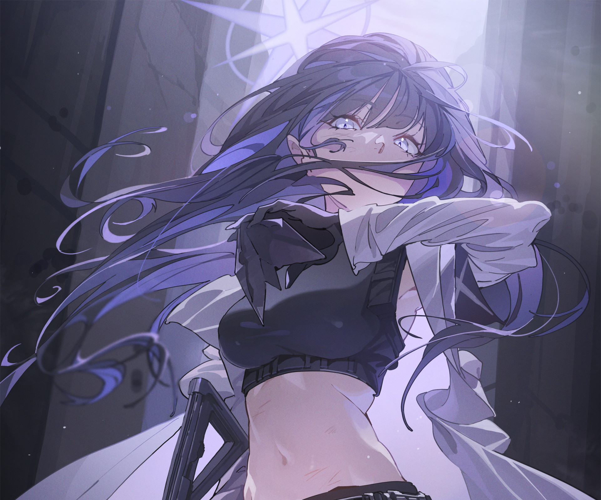 HD PC wallpaper featuring Joumae Saori from the video game Blue Archive, depicted with flowing blue hair and a dynamic pose in a dimly lit setting.