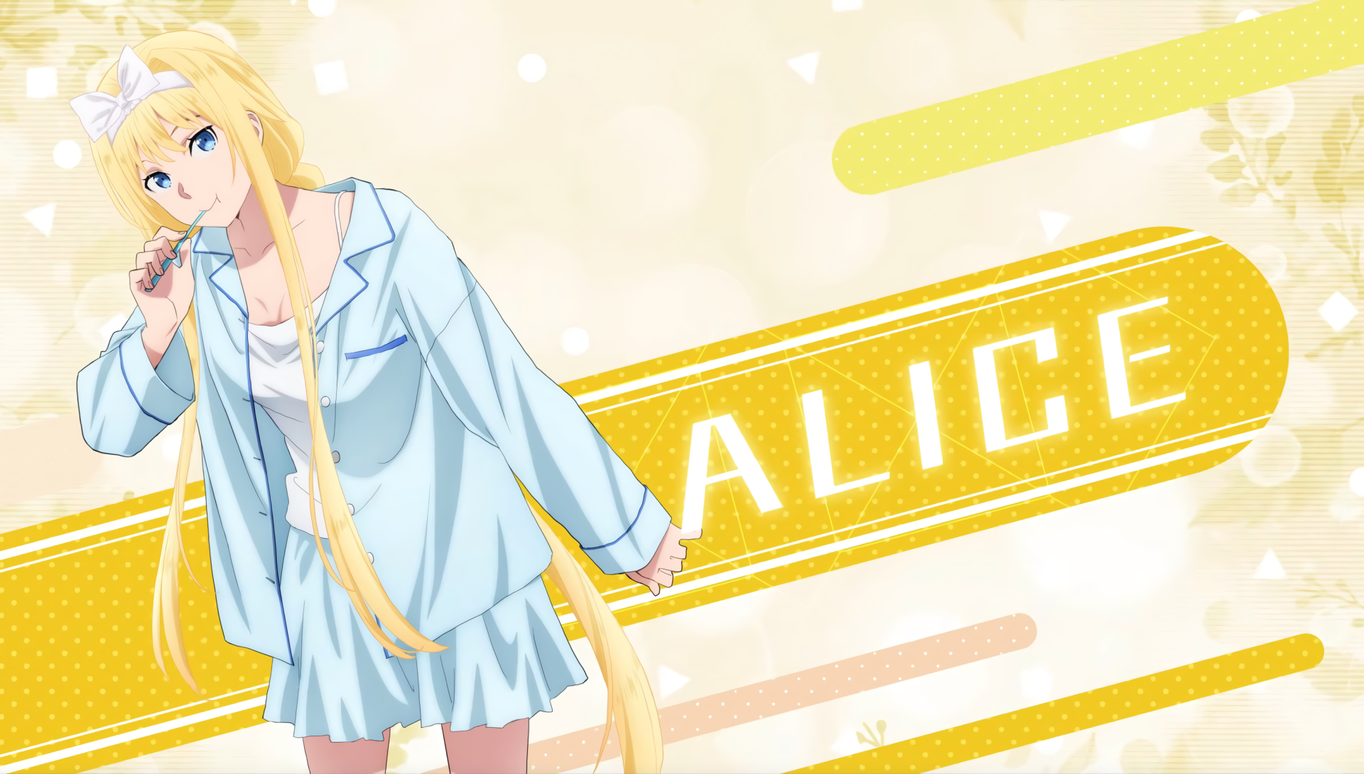 Alice Zuberg from Sword Art Online in a light blue outfit, featured in an HD anime desktop wallpaper with soft yellow and white background accents.