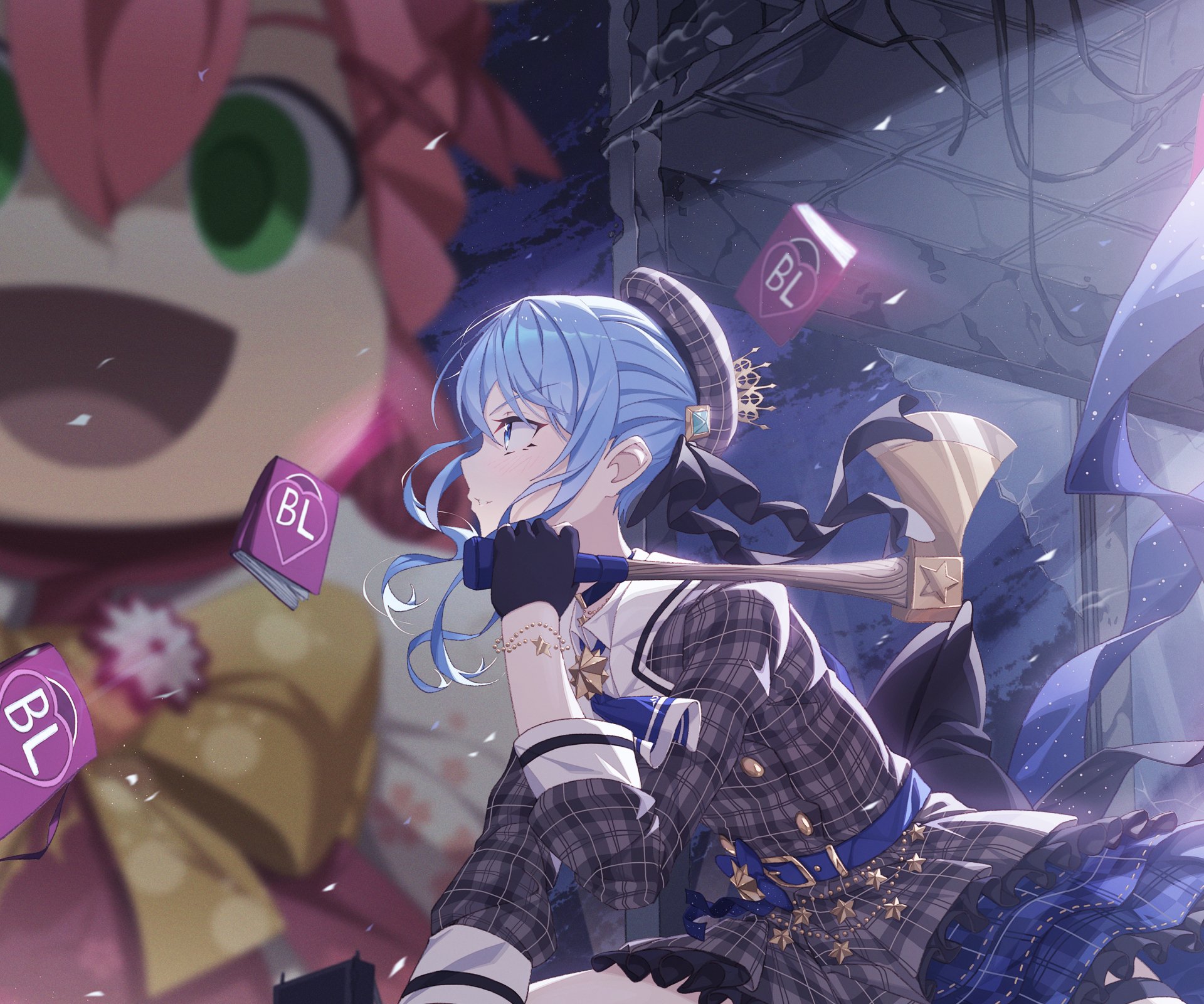 HD anime desktop wallpaper featuring virtual YouTubers Sakura Miko and Hoshimachi Suisei in dynamic poses with vibrant colors and detailed backgrounds.