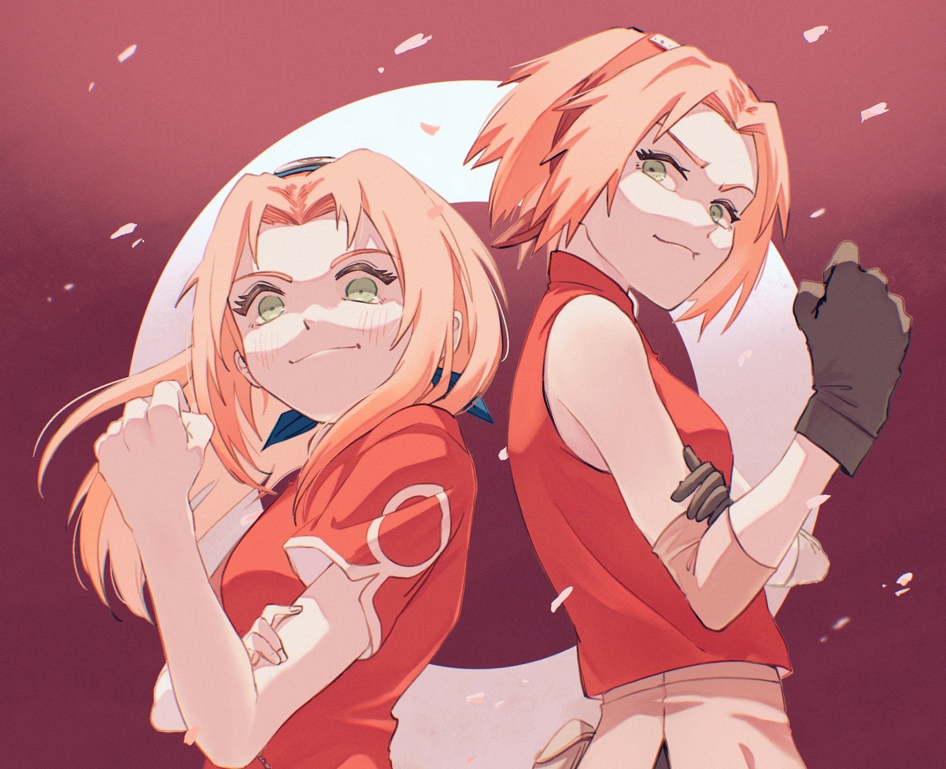HD anime desktop wallpaper featuring Sakura Haruno from Naruto, depicted confidently with arms crossed against a vibrant red and white background.