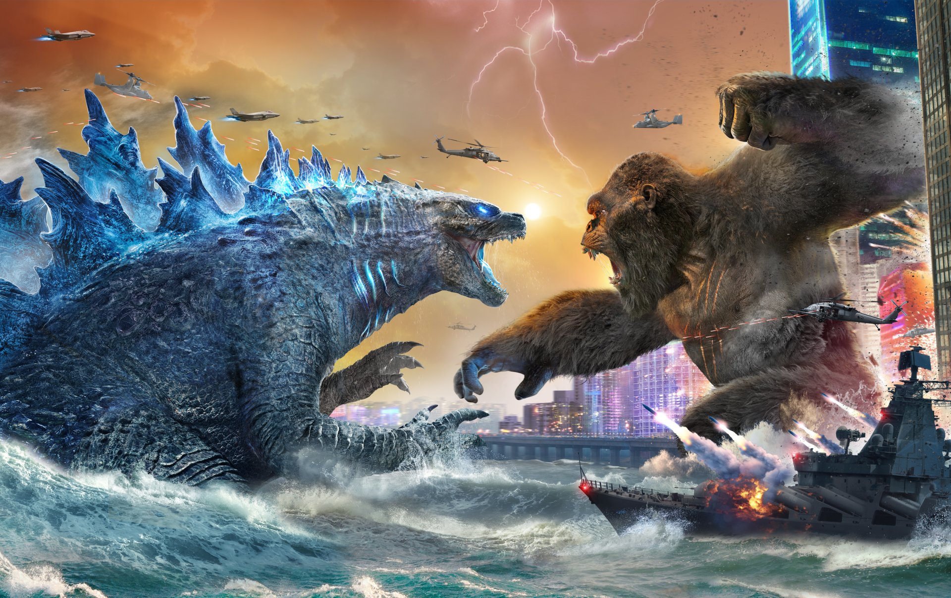 4K Ultra HD movie wallpaper featuring Godzilla and Kong clashing amid lightning and naval forces in a cityscape from Godzilla vs Kong.