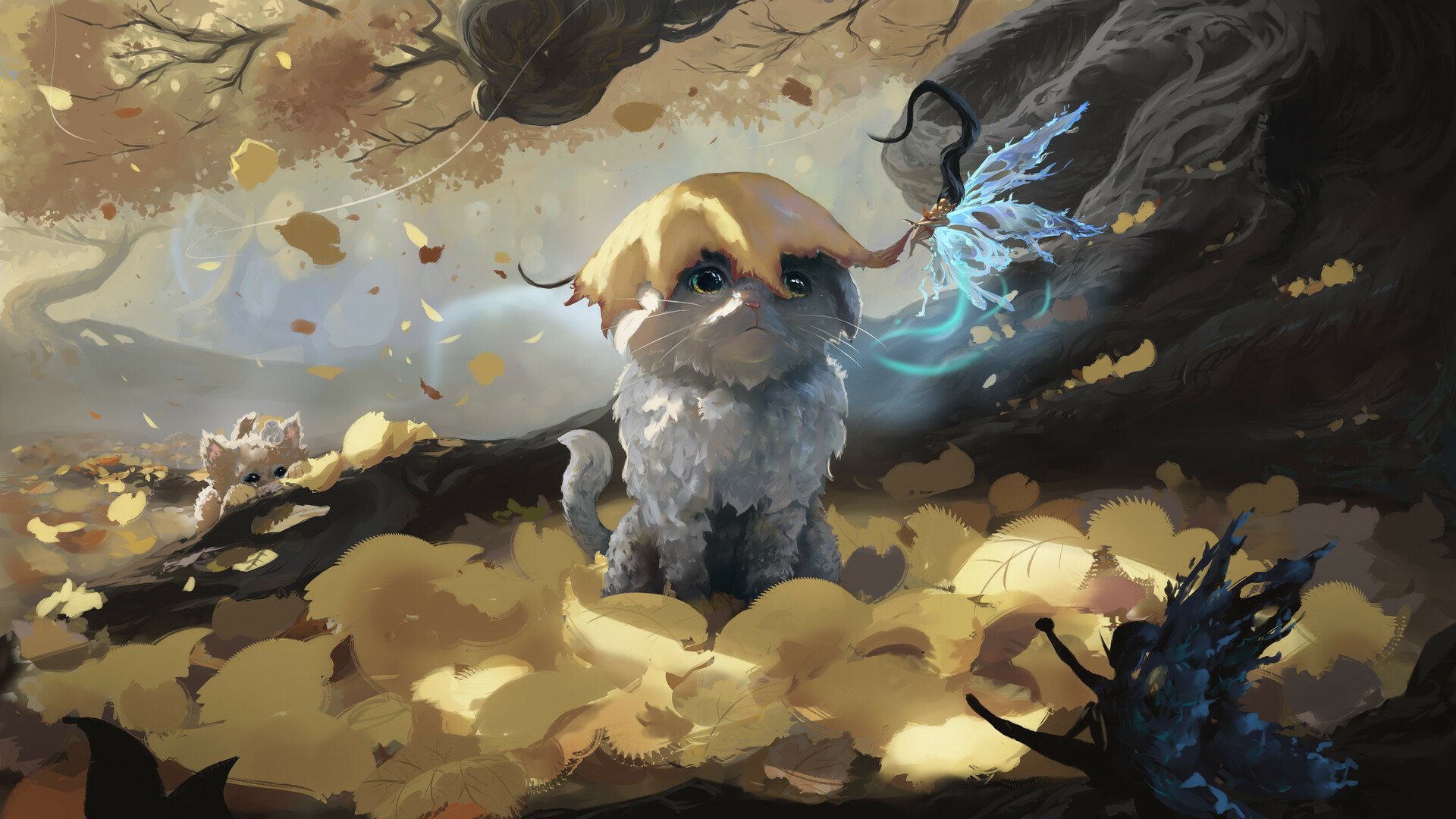 Fantasy-themed HD PC desktop wallpaper depicting a small, fluffy creature interacting with a glowing blue fairy in an autumn forest setting.