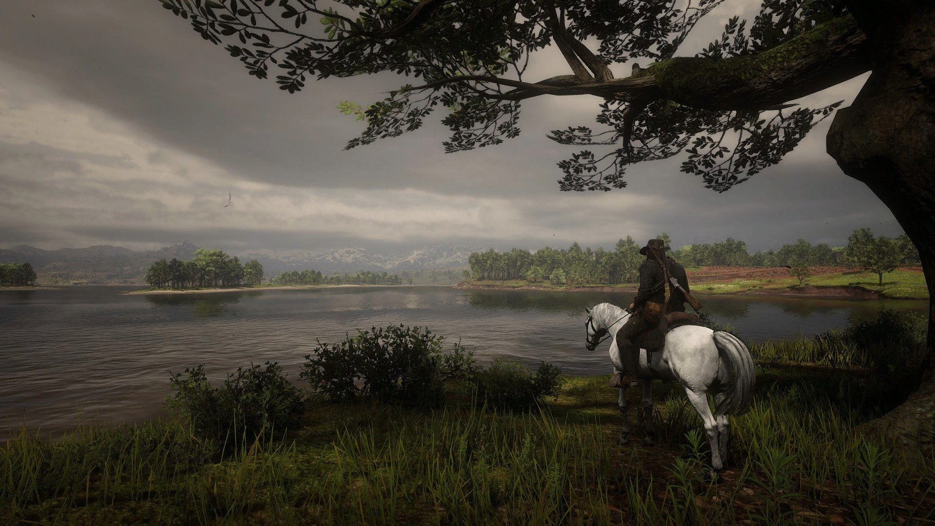 HD PC desktop wallpaper from Red Dead Redemption 2 featuring a lone rider on a white horse overlooking a serene lakeside landscape under a cloudy sky.