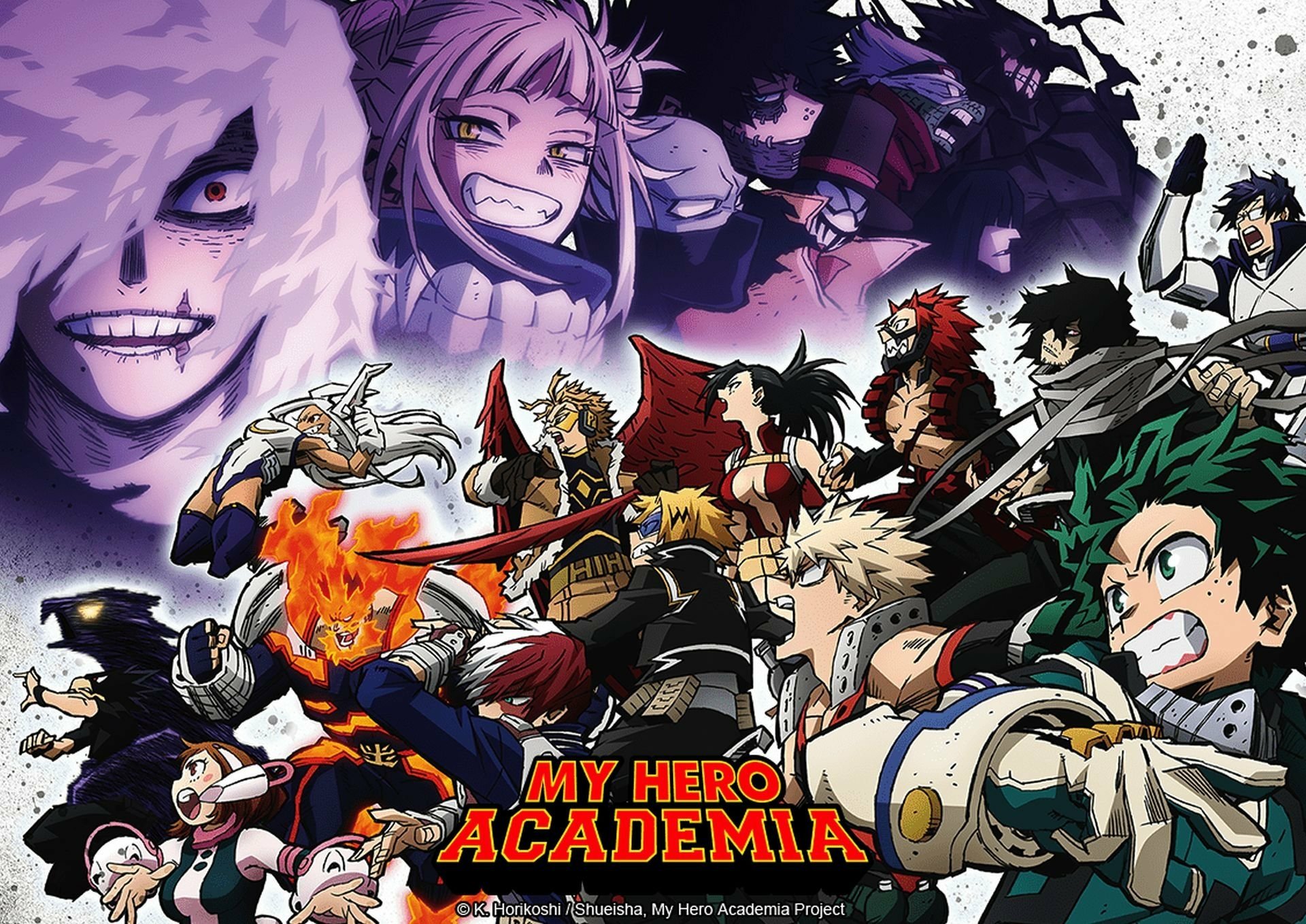 HD PC desktop wallpaper featuring iconic characters from the anime My Hero Academia in a dynamic, action-packed composition.
