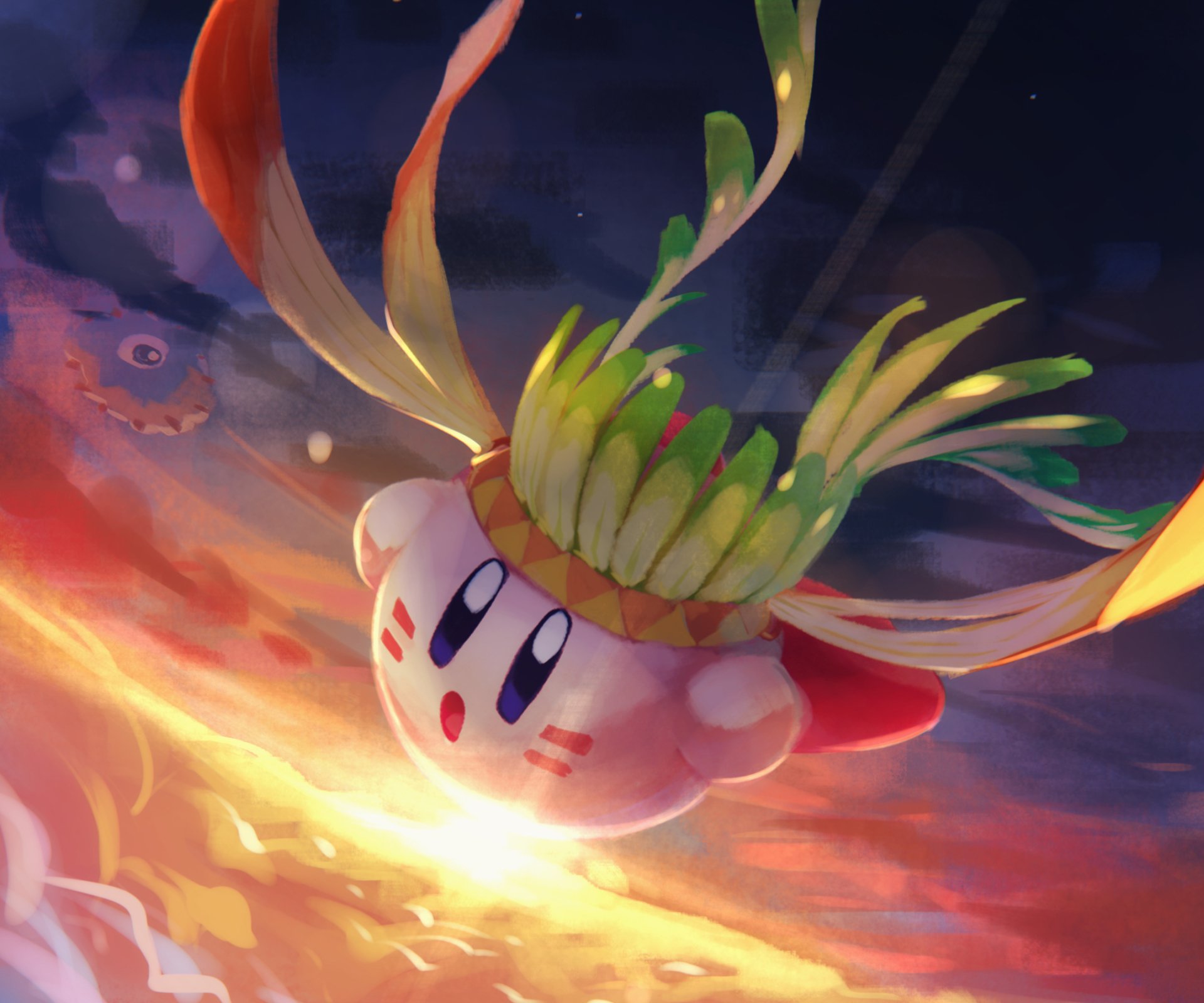 HD PC desktop wallpaper featuring Kirby from a video game, soaring with colorful feathers and vibrant skies in the background.
