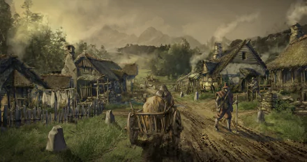 Rural Middle-earth village from TV show The Lord of the Rings: The Rings of Power, 2K Quad HD PC desktop wallpaper depicting a muddy road, cart, villagers and thatched cottages under brooding clouds.