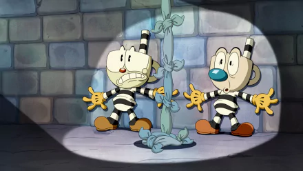 HD PC desktop wallpaper/background — TV show The Cuphead Show!: Cuphead and Mugman in black-and-white prison stripes tied to a vine on a brick-walled stage, lit by a spotlight.