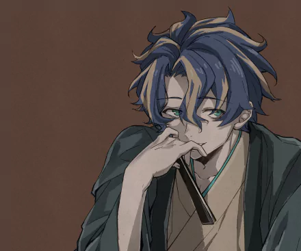 Astel Leda (Holostars) anime Virtual YouTuber portrait in muted tones, hand to face and green eyes — 4K Ultra HD PC desktop wallpaper and background.