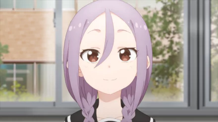 Urushi Yaotome from When Will Ayumu Make His Move? close-up anime portrait with braided lilac hair and a soft smile, classroom window background — HD PC wallpaper.