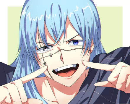 Mahito from Jujutsu Kaisen grinning with blue hair and glasses, pointing at his mouth — anime portrait, 2K Quad HD PC desktop wallpaper background.