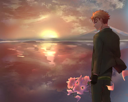 HD PC desktop wallpaper featuring Loid Forger from the anime Spy x Family standing by a reflective water surface at sunset, holding a bouquet of flowers.
