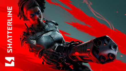 HD desktop wallpaper featuring a dynamic character from Shatterline game with a futuristic weapon, set against a vibrant red backdrop.