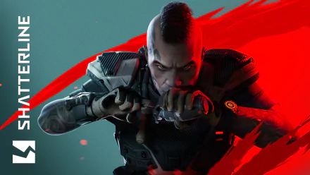 HD desktop wallpaper featuring an intense Shatterline character ready for action with a red dynamic background.