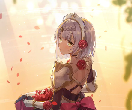 HD desktop wallpaper featuring Noelle from the video game Genshin Impact, showcasing her with a soft, glowing background and rose petals.