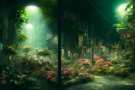 HD PC desktop wallpaper featuring AI art of a serene Japanese street illuminated by soft green light, adorned with vibrant flowers and lush foliage.