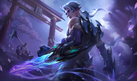 HD PC wallpaper of Zed (League of Legends video game): shadowy ninja with glowing purple blades, facing a torii gate amid cherry blossoms and swirling purple mist.
