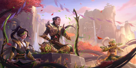 HD PC desktop wallpaper featuring Master Yi (League of Legends) meditating with allies on sunlit autumn cliffs, stylized video game art referencing Legends of Runeterra.