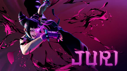 Juri from Street Fighter 6 delivers a powerful kick against a dark purple background in this 8K Ultra HD PC desktop wallpaper and video game artwork.