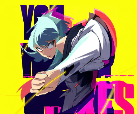 Vibrant HD PC desktop wallpaper featuring an anime character from Cyberpunk: Edgerunners in dynamic action against a bold yellow and purple background.