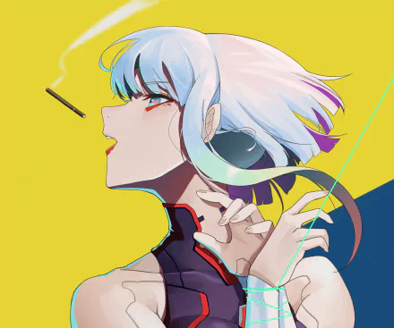 HD PC wallpaper featuring Lucy from the anime Cyberpunk: Edgerunners, showcasing her white hair and cybernetic elements against a vibrant yellow background.