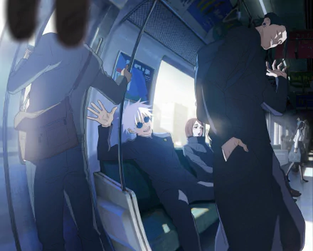 HD PC desktop wallpaper featuring Shoko Ieiri, Suguru Geto, and Satoru Gojo from the anime Jujutsu Kaisen, showcasing Gojo and Geto in a dynamic subway scene.