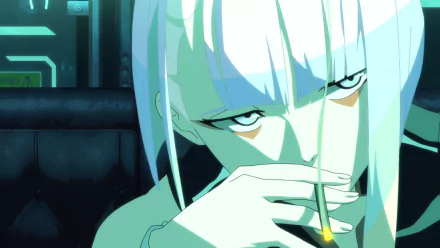 Close-up of Lucy from Cyberpunk: Edgerunners, an anime character with white hair and teal lighting, featured in an HD PC desktop wallpaper.