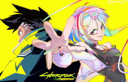 HD PC desktop wallpaper featuring Lucy and David from the anime Cyberpunk: Edgerunners with vibrant colors and dynamic poses against a bright yellow background.