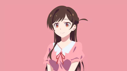 Chizuru Ichinose from Rent-A-Girlfriend in a simple, soft anime style against a solid pastel pink background, rendered in 8K Ultra HD for PC desktop wallpaper.