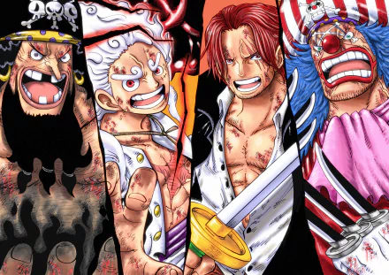 4K Ultra HD One Piece wallpaper featuring Buggy, Gear 5 Monkey D. Luffy, Shanks, and Marshall D. Teach in dynamic anime-style close-ups.