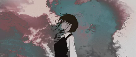 4K Ultra HD anime wallpaper of Asa Mitaka from Chainsaw Man, featuring the War Devil against a dramatic sky background.